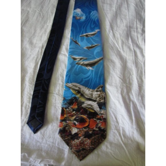 Beautiful Sea Life Fish Dolphins Whales Hand made Neck Tie by Steven Harris Blue - Picture 2 of 6